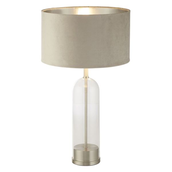 Lampa stołowa Searchlight EU81713TA Oxford Table Lamp - Glass, Satin Nickel, Taupe Velvet Shade