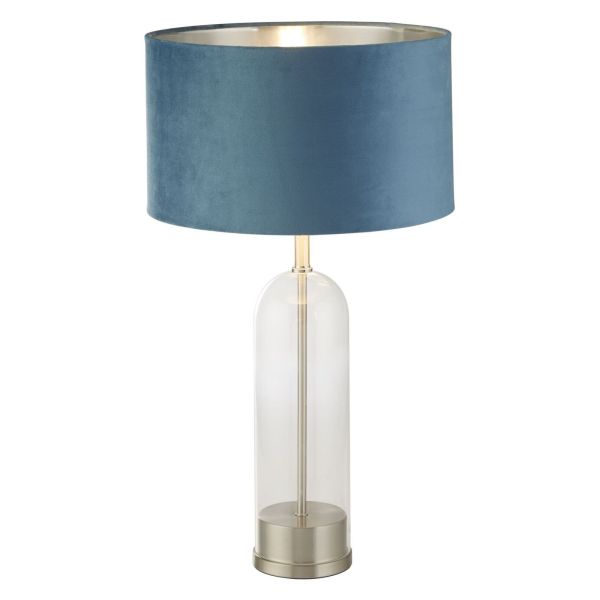 Lampa stołowa Searchlight EU81713TE Oxford Table Lamp - Glass, Satin Nickel, Teal Velvet Shade