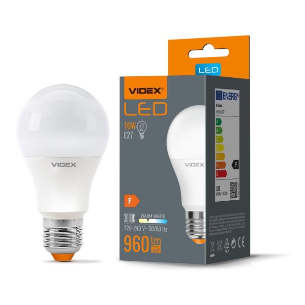 Лампа світлодіодна Videx VLE-A60e-10273 потужністю 10W. Типорозмір — A60 з цоколем E27, температура кольору — 3000К