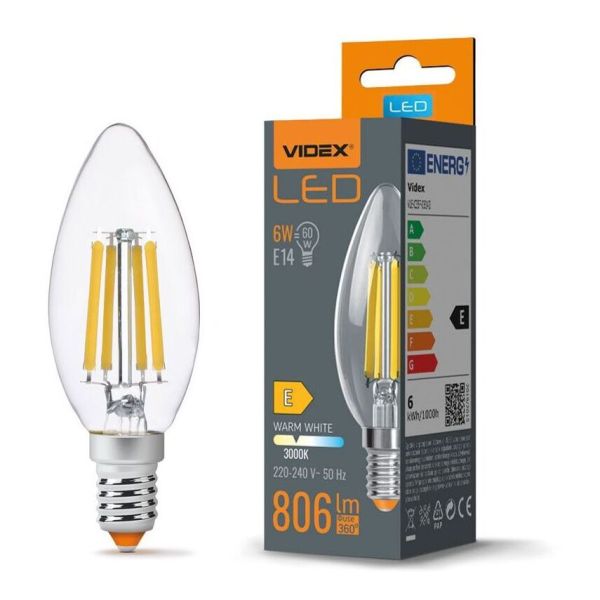 Żarówka ledowa Videx VLE-C35F-06143 moc 6W. Rozmiar — C35 z gwintem E14, temperatura barwowa — 3000К