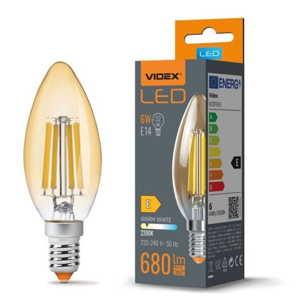 Żarówka ledowa Videx VLE-C35FA-06142 moc 6W. Rozmiar — C35 z gwintem E14, temperatura barwowa — 2200К