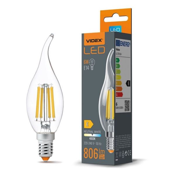 Żarówka ledowa Videx VLE-C35Ft-06144 moc 6W. Rozmiar — C35 z gwintem E14, temperatura barwowa — 4000К
