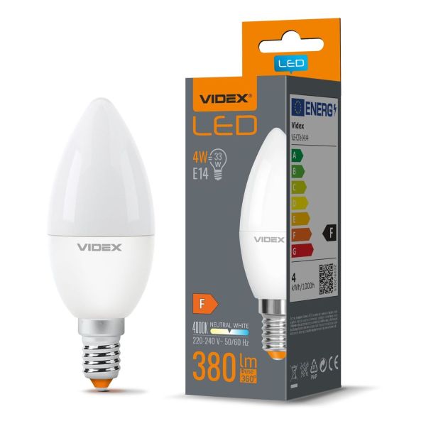 Żarówka ledowa Videx VLE-C37e-04144 moc 4W. Rozmiar — C37 z gwintem E14, temperatura barwowa — 4000К