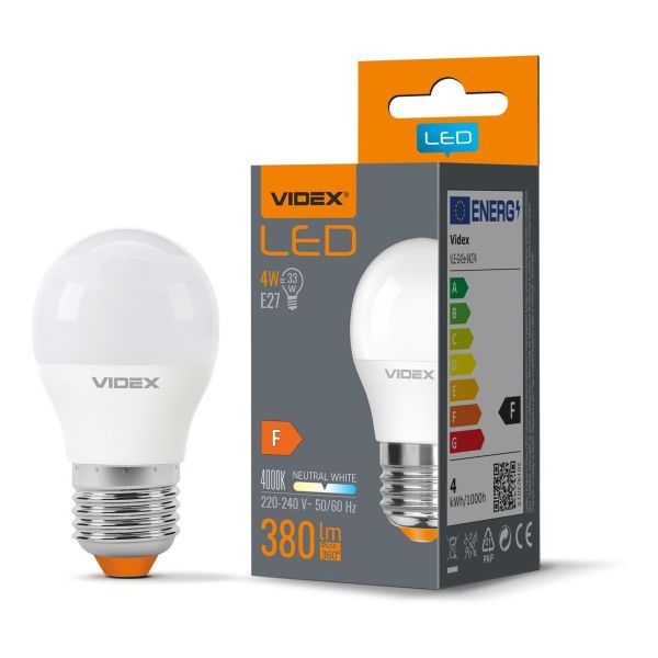 Лампа світлодіодна Videx VLE-G45e-04274 потужністю 4W. Типорозмір — G45 з цоколем E27, температура кольору — 4000К