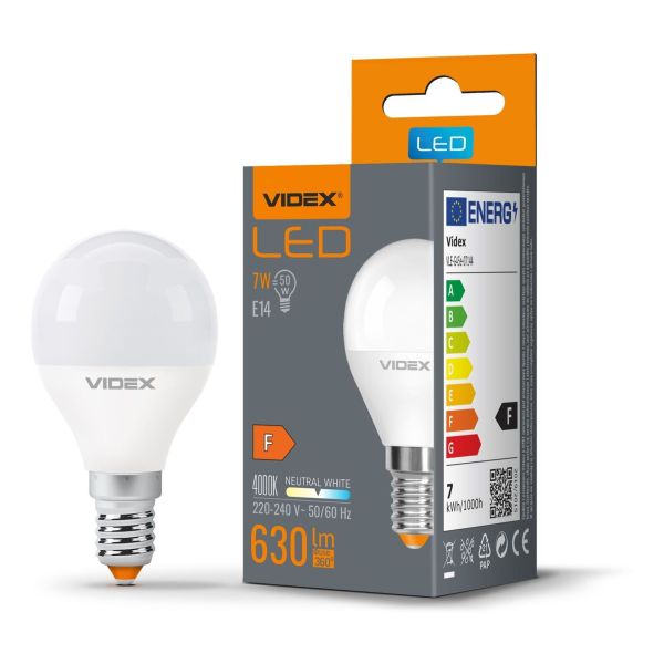 Żarówka ledowa Videx VLE-G45e-07144 moc 7W. Rozmiar — G45 z gwintem E14, temperatura barwowa — 4000К