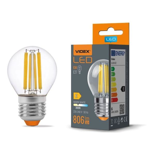 Лампа світлодіодна Videx VLE-G45F-06273 потужністю 6W. Типорозмір — G45 з цоколем E27, температура кольору — 3000К
