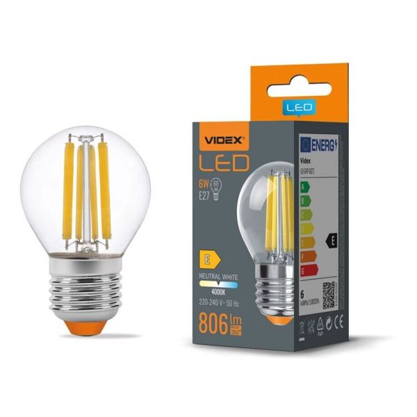 Лампа світлодіодна Videx VLE-G45F-06274 потужністю 6W. Типорозмір — G45 з цоколем E27, температура кольору — 4000К
