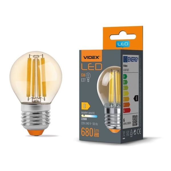 Лампа світлодіодна Videx VLE-G45FA-06272 потужністю 6W. Типорозмір — G45 з цоколем E27, температура кольору — 2200К