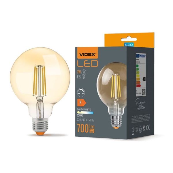 Лампа світлодіодна  сумісна з димером Videx VLE-G95FAD-07272 потужністю 7W. Типорозмір — G95 з цоколем E27, температура кольору — 2200К