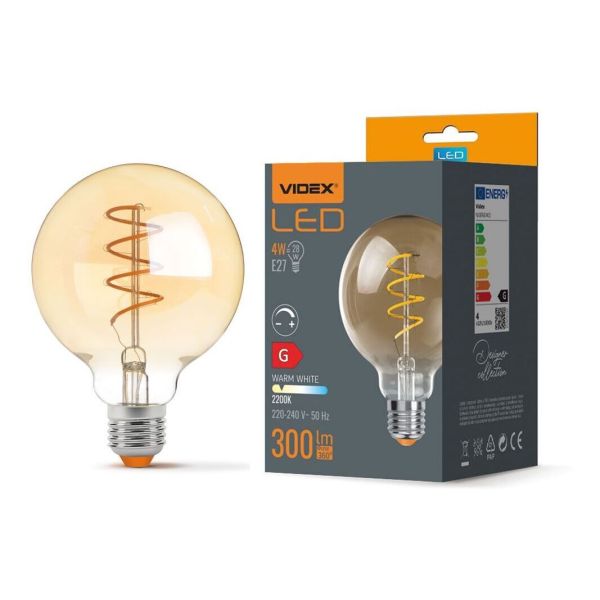 Żarówka ledowa  kompatybilna ze ściemniaczem Videx VLE-G95FASD-04272 moc 4W. Rozmiar — G95 z gwintem E27, temperatura barwowa — 2200К