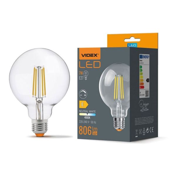 Лампа світлодіодна  сумісна з димером Videx VLE-G95FD-07274 потужністю 7W. Типорозмір — G95 з цоколем E27, температура кольору — 4000К