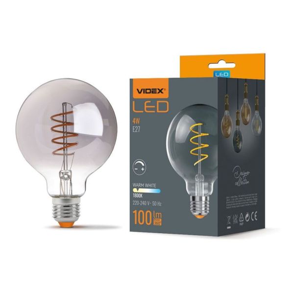 Лампа світлодіодна  сумісна з димером Videx VLE-G95FGD-04271 потужністю 4W. Типорозмір — G95 з цоколем E27, температура кольору — 1800К