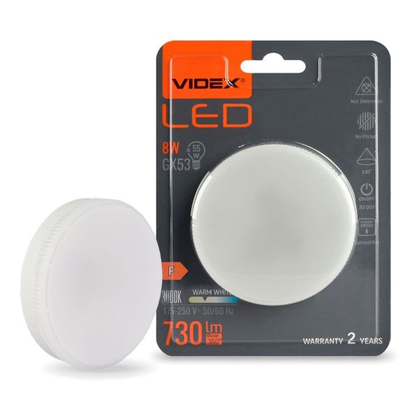 Żarówka ledowa Videx VLE-GX53-08533 moc 8W. Rozmiar — GX53 z gwintem GX53, temperatura barwowa — 3000К