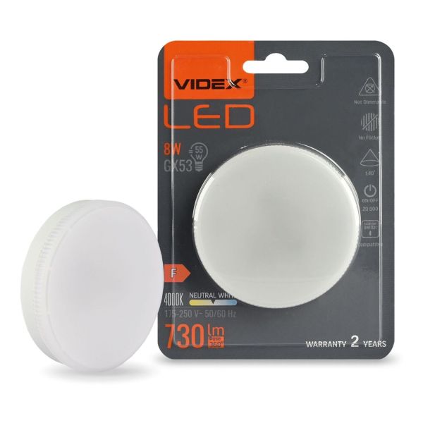 Лампа світлодіодна Videx VLE-GX53-08534 потужністю 8W. Типорозмір — GX53 з цоколем GX53, температура кольору — 4000К