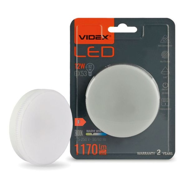 Żarówka ledowa Videx VLE-GX53-12533 moc 12W. Rozmiar — GX53 z gwintem GX53, temperatura barwowa — 3000К