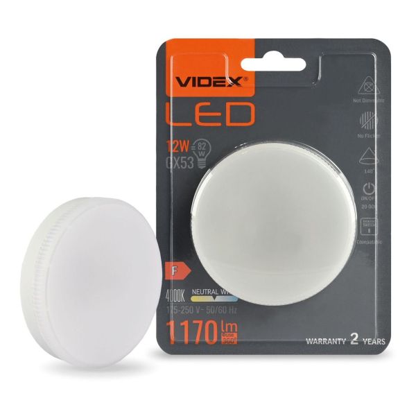 Лампа світлодіодна Videx VLE-GX53-12534 потужністю 12W. Типорозмір — GX53 з цоколем GX53, температура кольору — 4000К