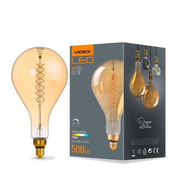 Żarówka ledowa  kompatybilna ze ściemniaczem Videx VLE-PS160FASD-08271 moc 8W. Rozmiar — PS160 z gwintem E27, temperatura barwowa — 1800К
