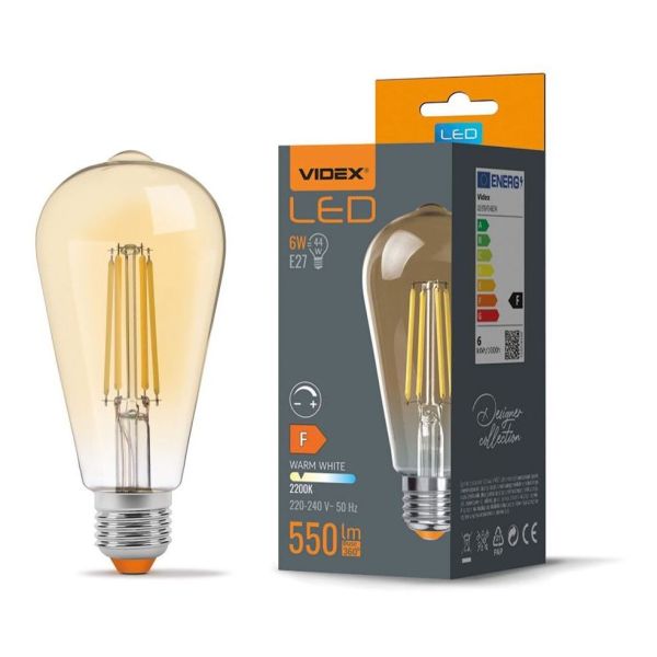 Лампа світлодіодна  сумісна з димером Videx VLE-ST64FAD-06272 потужністю 6W. Типорозмір — ST64 з цоколем E27, температура кольору — 2200К