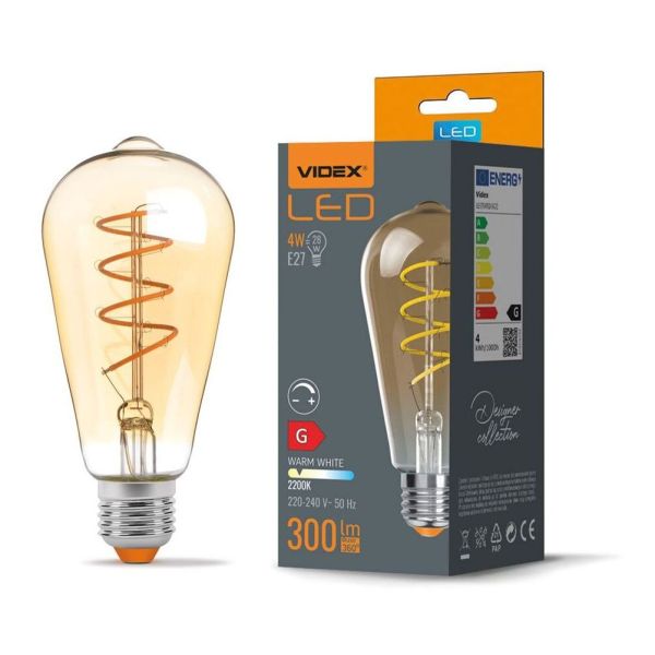 Лампа світлодіодна  сумісна з димером Videx VLE-ST64FASD-04272 потужністю 4W. Типорозмір — ST64 з цоколем E27, температура кольору — 2200К