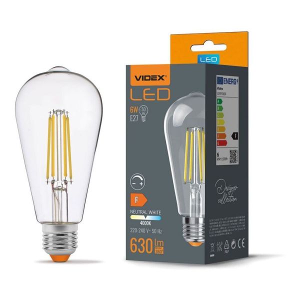 Żarówka ledowa  kompatybilna ze ściemniaczem Videx VLE-ST64FD-06274 moc 6W. Rozmiar — ST64 z gwintem E27, temperatura barwowa — 4000К