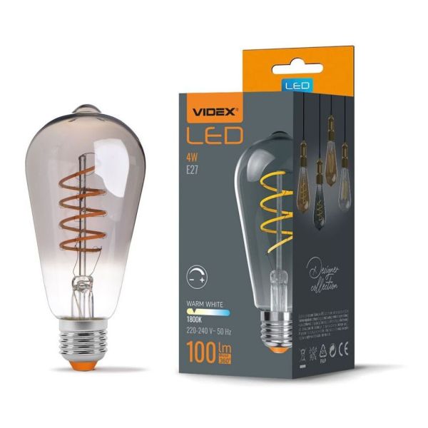 Żarówka ledowa  kompatybilna ze ściemniaczem Videx VLE-ST64FGD-04271 moc 4W. Rozmiar — ST64 z gwintem E27, temperatura barwowa — 1800К