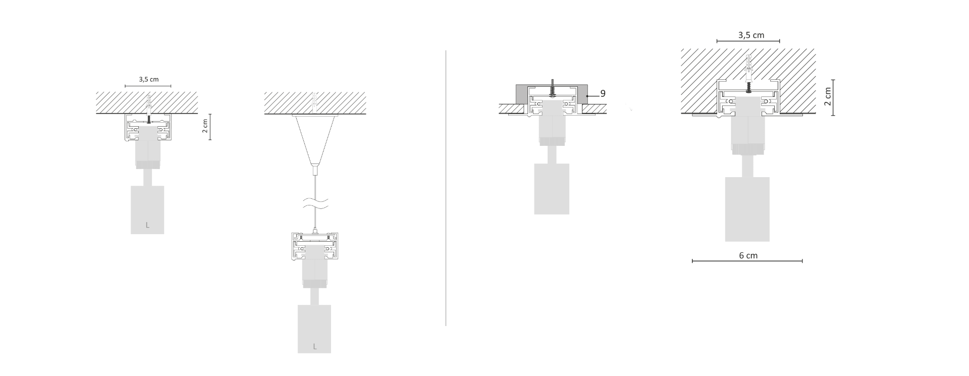 Schemat montażu układu torowego: za pomocą podwieszeń linowych (po lewej) i mocowania wpuszczanego (po prawej)
